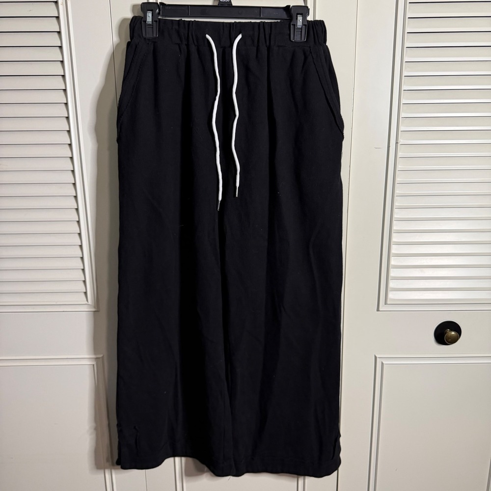 Black Ribbed Knit Wide Leg Waffle Drawstring Pants Cotton Lounge Trousers Small